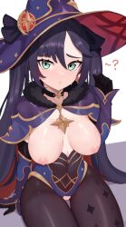 Rule 34 | 1girl, ?, ??, absurdres, black choker, black hair, blue leotard, blush, breasts, breasts out, brooch, capelet, choker, cleft of venus, covered navel, earrings, fur-trimmed capelet, fur trim, genshin impact, gloves, gold trim, green eyes, hand up, hat, highres, jewelry, large breasts, leotard, long hair, looking at viewer, medium breasts, mona (genshin impact), moursho, nipples, pantyhose, parted lips, purple hat, purple leotard, pussy, raised eyebrows, sitting, solo, sparkle print, star (symbol), star choker, star earrings, thighs, twintails, very long hair, witch hat