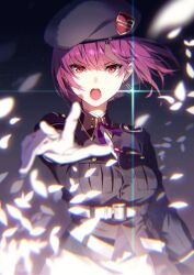Rule 34 | 1girl, belt, cowboy shot, earrings, gloves, gomi chihiro, hat, heaven burns red, highres, jewelry, looking at viewer, military, military hat, military uniform, open mouth, petals, purple hair, short hair, solo, tezuka saki, uniform, white belt, white gloves