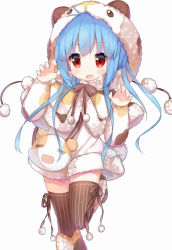 Rule 34 | 1girl, animal costume, animal hood, bag, blue hair, blush, brown ribbon, brown thighhighs, capelet, claw pose, eyebrows, fang, fluffy, hamster costume, handbag, hood, leg up, long hair, looking at viewer, open mouth, quincy (warship girls r), red eyes, ribbon, solo, standing, standing on one leg, tengxiang lingnai, thighhighs, warship girls r, zettai ryouiki