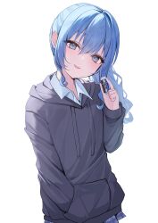 Rule 34 | 1girl, absurdres, alternate costume, blue eyes, blue hair, blue skirt, collared shirt, commentary request, eraser, grey hoodie, hand in pocket, head tilt, highres, holding, hololive, hood, hood down, hoodie, hoshimachi suisei, iruka3, long sleeves, open mouth, pleated skirt, shirt, side ponytail, simple background, skirt, smile, solo, virtual youtuber, white background, white shirt