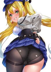 Rule 34 | 1girl, ass, beret, black gloves, black panties, black pantyhose, blonde hair, blue hat, blue skirt, breasts, ceijin (rizalagoenk), clothes lift, dokibird (vtuber), fingerless gloves, gloves, green eyes, hat, highres, indie virtual youtuber, lifting own clothes, long hair, looking at viewer, looking back, medium breasts, panties, panties under pantyhose, pantyhose, shirt, single leg pantyhose, skirt, skirt lift, smile, solo, twintails, underwear, virtual youtuber, white background, white shirt