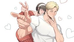 Rule 34 | 1boy, 1girl, bare shoulders, black hair, blonde hair, blowing kiss, earrings, gold earrings, hair ornament, highres, husband and wife, jewelry, long hair, long sleeves, one eye closed, open mouth, out of character, parody, pointing, pointing at viewer, pose imitation, red eyes, ricebunnyarts, shirt, short hair, sidelocks, spy x family, standing, twilight (spy x family), two-sided fabric, yor briar