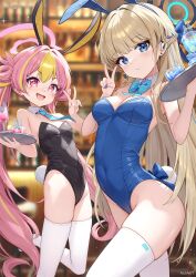 2girls absurdres animal_ears aviary bare_shoulders black_leotard blonde_hair blue_archive blue_eyes blue_leotard blue_necktie blush bow bowtie braid breasts cleavage cup detached_collar drinking_glass fake_animal_ears halo highleg highleg_leotard highres koyuki_(blue_archive) koyuki_(bunny)_(blue_archive) leotard long_hair looking_at_viewer medium_breasts multicolored_hair multiple_girls necktie pink_eyes pink_hair playboy_bunny rabbit_ears small_breasts streaked_hair thighhighs thighs toki_(blue_archive) toki_(bunny)_(blue_archive) tray twintails white_thighhighs wrist_cuffs