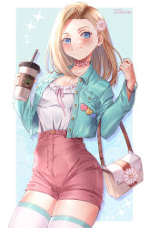 Rule 34 | 1girl, android 18, artist name, bag, blonde hair, blue background, blue eyes, blue jacket, blush, bracelet, breasts, choker, cleavage, cup, disposable cup, dragon ball, dragonball z, drinking straw, earrings, flower, hair flower, hair ornament, handbag, heart, highres, holding, holding cup, jacket, jewelry, laurart88, long hair, looking at viewer, medium breasts, pink choker, shirt, simple background, smile, thighhighs, white shirt, white thighhighs