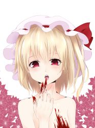 Rule 34 | 1girl, bad id, bad pixiv id, blonde hair, blood, blood on hands, blush, fangs, fingernails, flandre scarlet, floral background, flower, hat, hat ribbon, highres, long fingernails, looking at viewer, mob cap, nude, open mouth, red eyes, ribbon, short hair, side ponytail, solo, surota, tongue, tongue out, touhou, upper body, white background