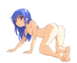 Rule 34 | 1girl, all fours, ass, barefoot, blue hair, flat chest, highres, hinanawi tenshi, long hair, naegi (naegidokoro), nipples, panties, pink eyes, pink panties, soles, solo, topless, touhou, underwear, underwear only