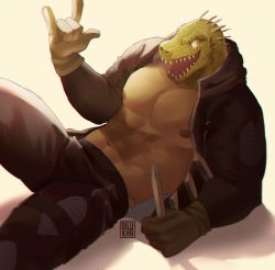 Rule 34 | 1boy, \\n/, abs, absurdres, bara, bare pectorals, black ears, black jacket, black pants, bulge, caiman (dorohedoro), dagger, dilukha (nyaalgebra), dorohedoro, furry, furry male, gloves, green scales, highres, holding, holding dagger, holding knife, holding weapon, jacket, knee up, knife, large pectorals, lizardman, looking at viewer, lying, male focus, muscular, muscular male, navel, nipples, on back, open mouth, pants, pectorals, sharp teeth, solo, spikes, stomach, teeth, thick thighs, thighs, weapon, white gloves