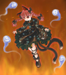 Rule 34 | 1girl, animal ears, braid, cat ears, cat girl, cat tail, female focus, full body, highres, kaenbyou rin, konechi, red hair, ribbon, skull, solo, tail, touhou, twin braids, twintails