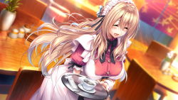 Rule 34 | 1girl, amakano 2, apron, ashtray, azarashi soft, blonde hair, blush, breasts, chair, closed eyes, coffee, cup, female focus, game cg, happy, highres, indoors, large breasts, long hair, maid, maid headdress, open mouth, piromizu, smile, solo, standing, table, tsutamachi chitose, waitress