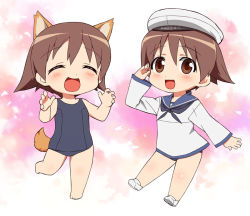 Rule 34 | 1girl, animal ears, bad id, bad pixiv id, blush, brown eyes, brown hair, chibi, dog ears, dog tail, dual persona, closed eyes, hat, miyafuji yoshika, no pants, one-piece swimsuit, open mouth, sailor, school swimsuit, short hair, strike witches, swimsuit, swimsuit under clothes, tail, tonbi, uniform, world witches series