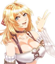Rule 34 | 1girl, black choker, blonde hair, blue eyes, blush, breasts, choker, cleavage, collar, collarbone, detached sleeves, fiora (xenoblade), hair ribbon, highres, large breasts, long hair, looking at viewer, open mouth, ribbon, simple background, smile, solo, to (tototo tk), v, white background, xenoblade chronicles (series), xenoblade chronicles 1
