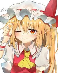 Rule 34 | 1girl, absurdres, ascot, blonde hair, bow, closed mouth, collared shirt, commentary request, embodiment of scarlet devil, flandre scarlet, frilled shirt collar, frilled wristband, frills, hat, hat bow, highres, koroyarou, looking at viewer, medium hair, mob cap, one eye closed, orange eyes, pink nails, pointy ears, puffy short sleeves, puffy sleeves, red bow, red vest, shirt, short sleeves, solo, sweatdrop, touhou, upper body, vest, white shirt, yellow ascot