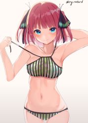 Rule 34 | 1girl, arms up, bare shoulders, bikini, bikini pull, black bikini, blue eyes, blunt bangs, blush, breasts, butterfly hair ornament, cleavage, closed mouth, clothes pull, collarbone, cowboy shot, go-toubun no hanayome, hair between eyes, hair ornament, hair ribbon, highres, large breasts, looking at viewer, medium hair, mizuki ryuu, nakano nino, navel, red hair, ribbon, simple background, smile, solo, stomach, striped bikini, striped clothes, swimsuit, two side up, undressing