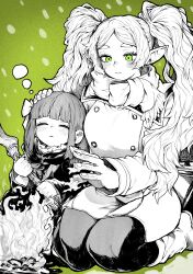 Rule 34 | 2girls, absurdres, blush, closed eyes, commentary request, earrings, elf, fern (sousou no frieren), fingernails, fire, frieren, green background, green eyes, greyscale, greyscale with colored background, highres, holding, holding staff, jewelry, long hair, long sleeves, mage staff, monochrome, multiple girls, pointy ears, scarf, sitting, sleeping, snow, sousou no frieren, staff, twintails, wariza, yotsumi shiro