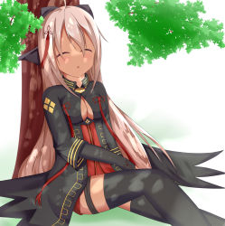Rule 34 | 1girl, :o, against tree, arm across waist, black dress, black gloves, black thighhighs, bow, breasts, cleavage, cleavage cutout, clothing cutout, commentary request, dappled sunlight, day, dress, elbow gloves, elbow sleeve, fate/grand order, fate (series), feet out of frame, fingerless gloves, gloves, grass, hair between eyes, hair bow, highres, knee up, long hair, medium breasts, nazora fc, okita souji (fate), okita souji alter (fate), on ground, outdoors, pink hair, red dress, sitting, sleeping, solo, sunlight, tan, thigh strap, thighhighs, tree, under tree, very long hair
