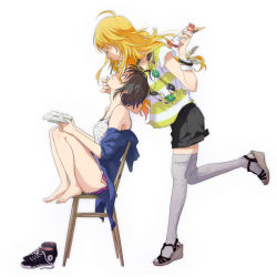 Rule 34 | 2girls, ahoge, bare shoulders, barefoot, black hair, blonde hair, book, bracelet, buckle, chair, closed eyes, dolphin shorts, feet, feet on chair, food, grabbing another&#039;s chin, hair tie, hand on another&#039;s chin, high heels, holding, hoshii miki, idolmaster, idolmaster (classic), jewelry, kikuchi makoto, leg up, long hair, multiple girls, nail polish, necklace, off shoulder, open shoes, parted lips, pocky, pocky kiss, profile, sandals, shared food, shoes, unworn shoes, short hair, short shorts, shorts, simple background, sitting, sleeves pushed up, standing, standing on one leg, striped, thighhighs, tiptoes, wedge heels, white background, yachiwo, yuri, zettai ryouiki