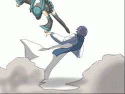 Rule 34 | 1boy, 1girl, animated, animated gif, beating, blood, blue hair, blue scarf, dust, faceless, faceless male, fighting, hatsune miku, kaito (vocaloid), kicking, long hair, scarf, screaming, skirt, very long hair, vocaloid