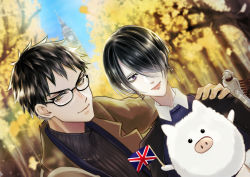 Rule 34 | 2boys, baraou no souretsu, black-framed eyewear, black hair, black sweater, blurry, blurry background, dutch angle, earrings, elizabeth tower, flag, hair over one eye, hand on another&#039;s shoulder, henry stafford (baraou), highres, jewelry, male focus, multiple boys, pig, purple eyes, ribbed sweater, richard iii (baraou), rum 94, smile, sweater, tree, upper body