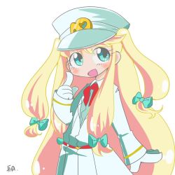 Rule 34 | 1boy, androgynous, belt, blonde hair, blue eyes, blush, bow, chibi, crossdressing, formal, gloves, hair bow, hair ornament, hat, long hair, looking at viewer, male focus, nanbaka, open mouth, short twintails, sidelocks, simple background, smile, solo, sugoroku hitoshi, suit, swept bangs, trap, twintails, uniform, white background