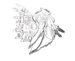 Rule 34 | 1girl, arknights, binary, circuit board, closed eyes, dress, fetal position, full body, greyscale, hands on own chest, headwear request, highres, long hair, monochrome, ptilopsis (arknights), shoes, simple background, sketch, socks, solo, white background, xiao tuan yue