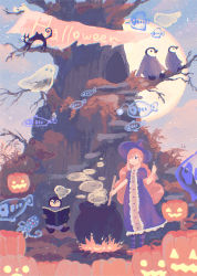 Rule 34 | 1girl, anglerfish, bird, book, branch, dress, fire, fish, ghost, hair over one eye, halloween, hand up, highres, jack-o&#039;-lantern, long hair, open book, orange hair, original, penguin, purple dress, short sleeves, solo, standing, tabisumika, tree, very long hair, wide shot, witch