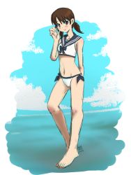 Rule 34 | 1girl, barefoot, bikini, blue sailor collar, brown eyes, brown hair, commentary request, full body, highres, kantai collection, kenroba (stark chen), low twintails, parted bangs, sailor bikini, sailor collar, shirayuki (kancolle), short hair, short twintails, side-tie bikini bottom, solo, standing, swimsuit, twintails, white bikini