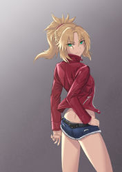 Rule 34 | 1girl, belt, black belt, blonde hair, blue shorts, closed mouth, denim, denim shorts, fate/apocrypha, fate (series), from behind, green eyes, grey background, hair between eyes, hair ornament, hair scrunchie, hand on own hip, jacket, long hair, long sleeves, looking at viewer, looking back, micro shorts, mordred (fate), mordred (fate/apocrypha), mordred (memories at trifas) (fate), open clothes, open jacket, red jacket, red scrunchie, scrunchie, short shorts, shorts, solo, standing, torn clothes, torn shorts, yuki7128