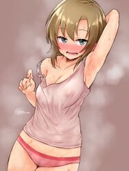 Rule 34 | 1girl, arm up, armpits, blush, breasts, camisole, cleavage, collarbone, covered erect nipples, female pubic hair, gojarun, grey camisole, highres, idolmaster, idolmaster cinderella girls, looking at viewer, medium breasts, nose blush, panties, pink panties, presenting armpit, pubic hair, simple background, solo, steaming body, strap slip, sweat, tada riina, twitter username, underwear, underwear only, wet, wet clothes, wet panties