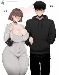Rule 34 | 1boy, 1girl, absurdres, age difference, almualim, bag, breasts, brown hair, choker, cleavage, couple, covered erect nipples, cowboy shot, dress, earrings, grey dress, handbag, highres, hoop earrings, huge breasts, jewelry, mature female, mole, mole on breast, original, plump, short hair, standing, thick thighs, thighs, wide hips