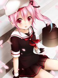 Rule 34 | 10s, 1girl, :d, beret, black gloves, black skirt, camomile hus, camomilehus, cherry blossoms, commentary, gloves, gradient hair, hair ribbon, harusame (kancolle), hat, kantai collection, long hair, looking at viewer, multicolored hair, neckerchief, open mouth, pink eyes, pink hair, pleated skirt, ribbon, school uniform, serafuku, side ponytail, sitting, skirt, smile