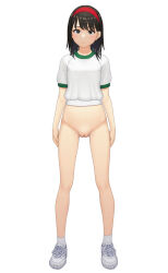 Rule 34 | 1girl, arms at sides, black eyes, black hair, blush, bottomless, cameltoe, cleft of venus, frown, full body, gym uniform, hairband, highres, looking at viewer, maburu (lojyq1eur3e8bit), original, pussy, red hairband, shirt, shoes, simple background, sneakers, socks, solo, standing, uncensored, white background, white footwear, white shirt, white socks