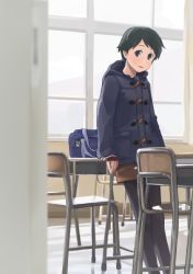 Rule 34 | 10s, 1girl, bad id, bad pixiv id, bag, black eyes, black hair, black pantyhose, blurry, chair, classroom, depth of field, desk, door, indoors, jacket, kantai collection, makio (makiomeigenbot), mogami (kancolle), open mouth, pantyhose, school, solo, window