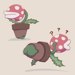 Rule 34 | ?, artist name, ass, boke-chan, brown background, closed mouth, flower pot, from behind, leaf, mario (series), motion lines, multiple views, nintendo, no humans, piranha plant, plant, polka dot, potted plant, simple background, twitter username, watermark