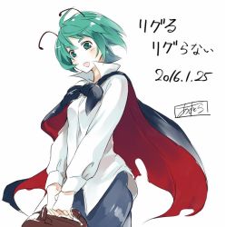 Rule 34 | 1girl, :o, antennae, asutora, bag, black cape, blush, breasts, cape, commentary request, cowboy shot, dated, green eyes, green hair, handbag, head tilt, holding, holding bag, long sleeves, medium breasts, one-hour drawing challenge, open mouth, shirt, short hair, simple background, smile, solo, standing, touhou, translation request, v arms, white background, white shirt, wriggle nightbug