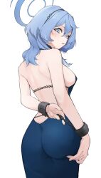 Rule 34 | 1girl, ako (blue archive), ako (dress) (blue archive), ass, backless dress, backless outfit, bare arms, bare shoulders, blue archive, blue dress, blue eyes, blue hair, blue halo, blush, breasts, commentary, dress, from behind, ginggi, hair between eyes, halo, highres, large breasts, looking at viewer, looking back, official alternate costume, parted lips, simple background, solo, white background