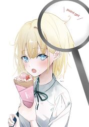 Rule 34 | 1girl, :o, black ribbon, blonde hair, blue eyes, bob cut, collared shirt, commentary, crepe, english text, food, food on face, highres, holding, holding food, holding strap, hololive, hololive english, katamayugui, light blush, looking at viewer, magnifying glass, open mouth, ribbon, shirt, short hair, simple background, solo, virtual youtuber, watson amelia, white background, white shirt