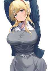 Rule 34 | 1girl, absurdres, alternate breast size, arms up, blonde hair, blue jacket, blush, breasts, closed mouth, collared shirt, dress, green eyes, grey shirt, grey skirt, hairband, heanna sumire, highres, jacket, large breasts, looking at viewer, love live!, love live! superstar!!, namazu (yamasonson), pinafore dress, red hairband, shirt, shirt tucked in, simple background, skirt, sleeveless dress, solo, white background