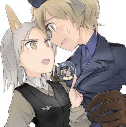 Rule 34 | 10s, 502nd joint fighter wing, alcohol, animal ears, bad anatomy, bad hands, bar (place), blonde hair, blush, brave witches, brown eyes, clothes grab, edytha rossmann, eye contact, fox, fox ears, gloves, grey hair, hat, kitsune, kyuubi, long hair, looking at another, military, military uniform, multiple girls, multiple tails, open mouth, poorly drawn, shiraba (sonomama futene), short hair, smile, speech bubble, strike witches, sweatdrop, tail, uniform, upper body, vest, waltrud krupinski, world witches series, yuri