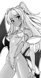Rule 34 | 1girl, bare legs, bare shoulders, blush, breasts, dark-skinned female, dark skin, fake wings, futaba lili ramses, gloves, hair ribbon, highleg, highleg leotard, iwamoto eiri, leotard, lips, long hair, looking at viewer, magical girl, monochrome, nipples, partially visible vulva, ribbon, shiny skin, simple background, small breasts, solo, taimanin (series), tentacle and witches, thong leotard, twintails, wings