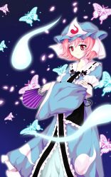 Rule 34 | 1girl, blush, bug, butterfly, cherry blossoms, female focus, flan (zhd91), folding fan, ghost, hand fan, hat, highres, hitodama, insect, japanese clothes, petals, pink eyes, pink hair, saigyouji yuyuko, short hair, smile, solo, touhou, triangular headpiece, zhd91