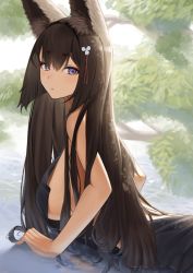 Rule 34 | 1girl, absurdres, amagi (azur lane), animal ear fluff, animal ears, arm support, azur lane, backless outfit, bare arms, bare shoulders, black dress, black hair, blush, breasts, closed mouth, day, dress, eyeshadow, fox ears, from side, hair ornament, highres, large breasts, long hair, looking at viewer, looking to the side, lordol, lying, makeup, on stomach, outdoors, purple eyes, shallow water, sideboob, solo, very long hair, water