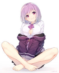 Rule 34 | 10s, 1girl, barefoot, blouse, breasts, cleavage, feet, full body, gridman universe, head tilt, highres, large breasts, light purple hair, looking at viewer, open clothes, open shirt, purple eyes, shinjou akane, shirt, simple background, sitting, smile, sora from france, ssss.gridman, toes, white background, white shirt