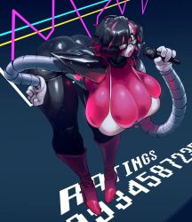 Rule 34 | 1girl, android, armor, ass, bent over, black hair, boots, breasts, eigaka, english text, genderswap, genderswap (mtf), glasses, hair over one eye, hand on thigh, hanging breasts, high heels, highres, huge breasts, joints, knee boots, leaning forward, lips, mettaton, microphone, multicolored hair, pink eyes, pink hair, robot joints, short hair, shoulder armor, solo, two-tone hair, undertale