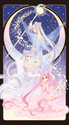 Rule 34 | 3girls, bare shoulders, bishoujo senshi sailor moon, blue eyes, chibi usa, cone hair bun, covered mouth, crescent, crescent facial mark, detached sleeves, double bun, dress, closed eyes, facial mark, floating, floating object, hair bun, jewelry, long hair, maboroshi no ginzuishou, mother and daughter, multiple girls, necklace, neo queen serenity, nickii25, aged up, own hands clasped, own hands together, pearl necklace, pink dress, pink hair, puffy short sleeves, puffy sleeves, queen serenity, red eyes, see-through, short sleeves, silver hair, small lady serenity, staff, star (symbol), tsukino usagi, twintails, very long hair, white dress