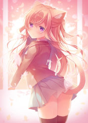 Rule 34 | 1girl, amamine, animal ears, arm support, black thighhighs, blazer, blush, brown jacket, cat ears, cat girl, cat tail, closed mouth, commentary request, grey skirt, hair between eyes, jacket, long hair, looking at viewer, looking back, original, petals, pink hair, pleated skirt, purple eyes, signature, skirt, solo, tail, thighhighs, very long hair