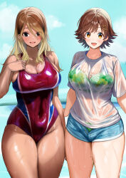 2girls :d absurdres beach bikini bikini_under_clothes black_eyes blue_shorts blue_sky breasts brown_eyes brown_hair cloud competition_swimsuit covered_navel dark-skinned_female dark_skin green_bikini hair_between_eyes highres hogey_nk-2000 honda_mio idolmaster idolmaster_cinderella_girls idolmaster_shiny_colors izumi_mei large_breasts looking_at_viewer medium_hair multiple_girls ocean one-piece_swimsuit open_mouth outdoors see-through_clothes see-through_shirt shirt shorts sky smile standing swimsuit thighs wet wet_clothes wet_swimsuit white_shirt