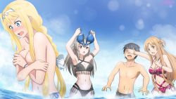 Rule 34 | 1boy, 3girls, alice zuberg, armpits, asuna (sao), bare arms, bare shoulders, beach, black hair, black one-piece swimsuit, blonde hair, blue eyes, blush, braid, breasts, brown hair, cleavage, embarrassed, eydis (sao), hair between eyes, hair ornament, hand on own chest, highres, jewelry, kirito, large breasts, long hair, multiple girls, mysteryctu, navel, necklace, no bra, one-piece swimsuit, open mouth, ponytail, red eyes, red hair, red one-piece swimsuit, ribbon, short hair, surprised, swimsuit, sword art online, sword art online: alicization, tattoo, very long hair, water