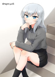 Rule 34 | 10s, 1girl, arm on knee, black skirt, black socks, blue eyes, blush, closed mouth, commentary request, dress shirt, elbow on knee, girls und panzer, grey shirt, hand on own chin, itsumi erika, kuromorimine school uniform, light blush, light smile, long hair, long sleeves, looking at viewer, miniskirt, nagomiya (shousha), partial commentary, pleated skirt, school uniform, shirt, silver hair, sitting, skirt, socks, solo, stairs, twitter username, white background