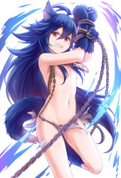 Rule 34 | 1girl, ahoge, animal ears, animal hands, arms up, blue gloves, blue hair, blurry, blurry foreground, breasts, chain, clenched teeth, commentary request, depth of field, fenrir (shingeki no bahamut), gloves, gluteal fold, granblue fantasy, groin, hair between eyes, hair censor, hair over breasts, highres, long hair, looking at viewer, navel, paw gloves, red eyes, shingeki no bahamut, simple background, small breasts, solo, tail, teeth, tomo (tmtm mf mf), torn clothes, v-shaped eyebrows, very long hair, white background, wolf ears, wolf girl, wolf tail