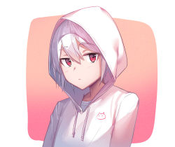 Rule 34 | 1girl, absurdres, blush, closed mouth, copyright request, drawstring, hair between eyes, highres, hood, hood up, hoodie, looking at viewer, newey, red eyes, shirt, silver hair, solo, upper body, white hoodie, white shirt
